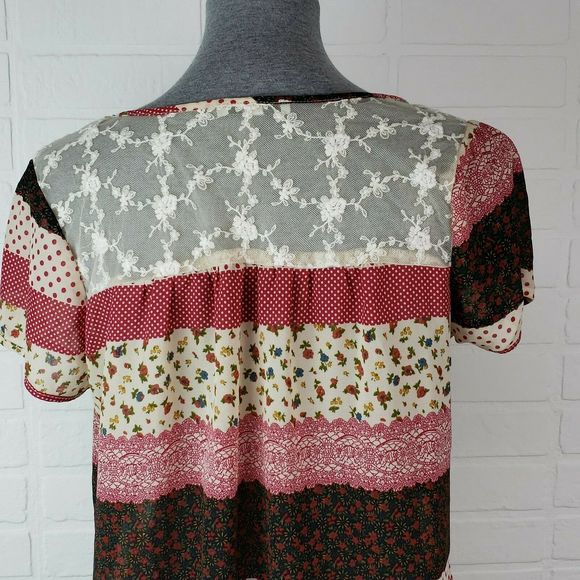 Papaya Peasant Blouse Medium Sheer Thin Lace Print - Picture 7 of 10